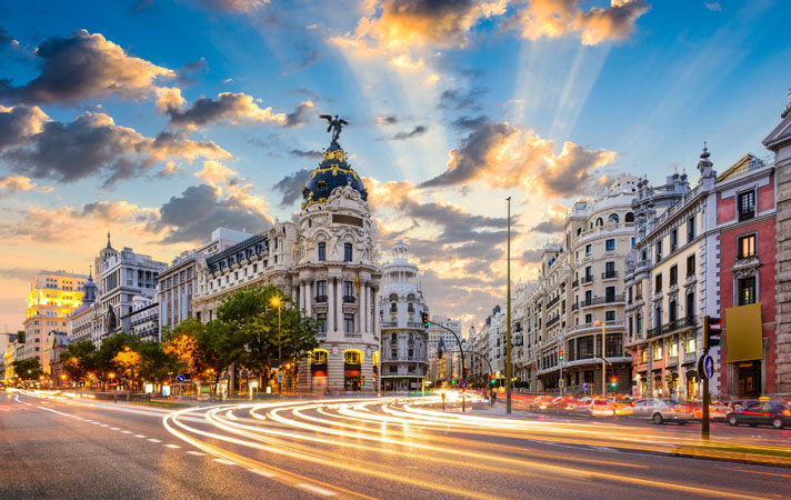 Cityscape at Calle de Alcala and Gran Via in Madrid.